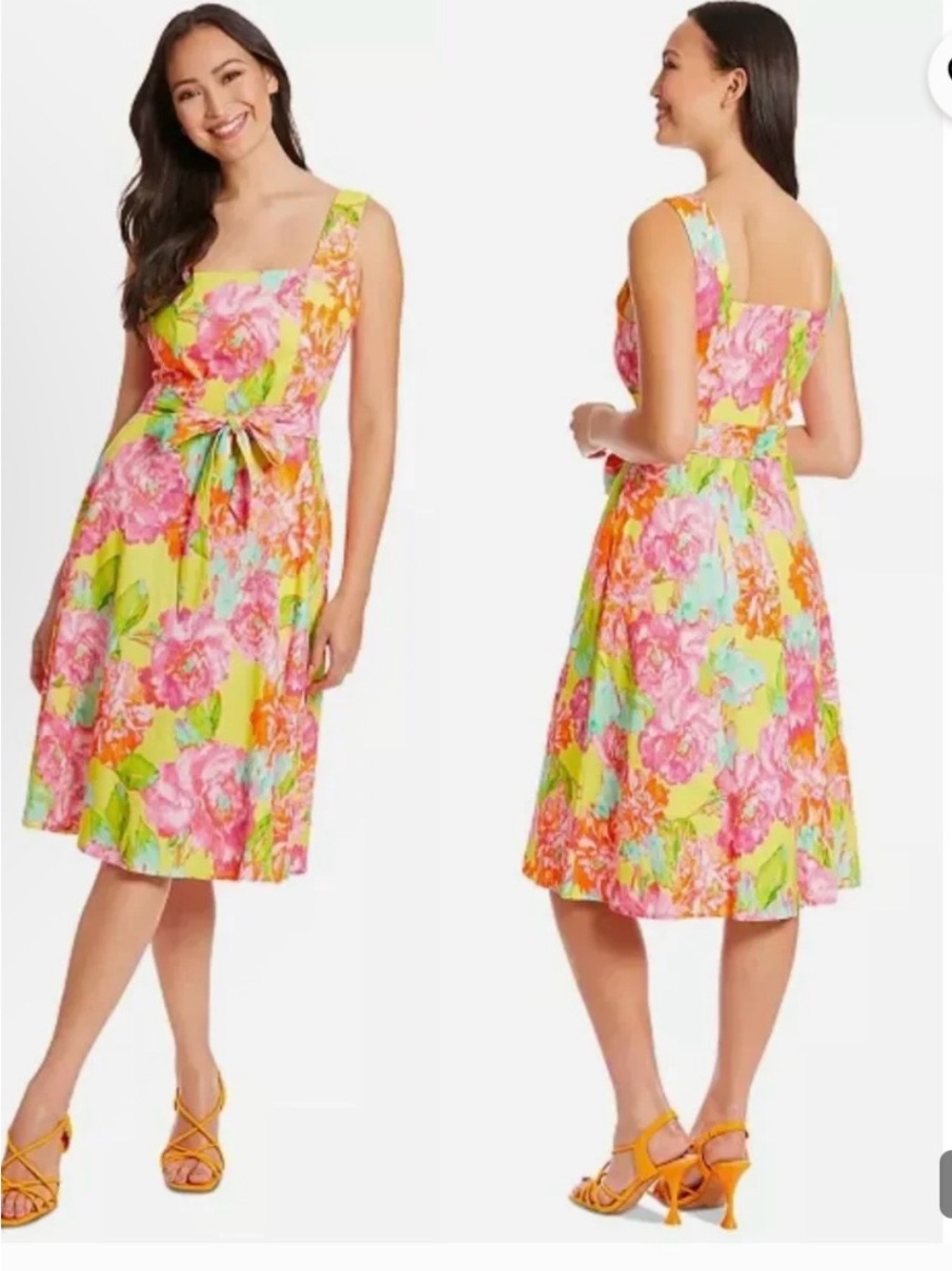 London Times Yellow Floral Midi Dress with Pink Blooms